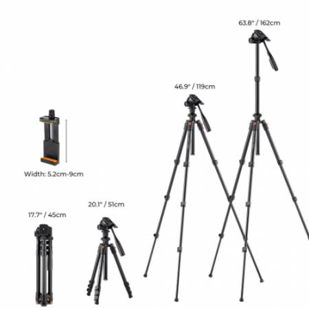 K&F Concept KF4167 K-Series K234A0 - statyw Alu + głowica video - wymiary